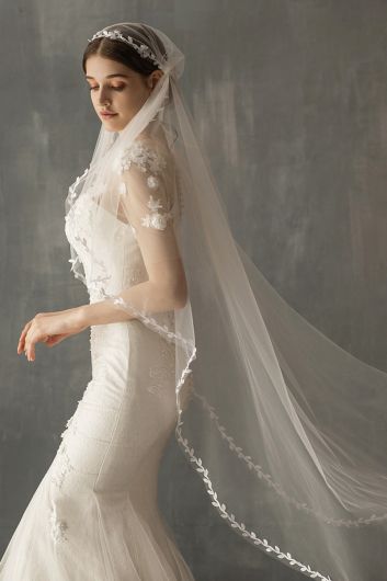 Floral Embroidered Tulle Veil with Long Train for Bridal Events