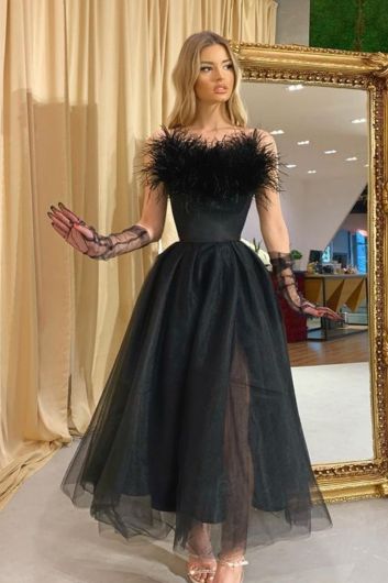 Feathered Elegance Black Tulle Dress