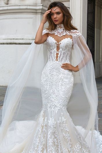 High-Neck Lace Mermaid Gown with Long Train for Formal Events