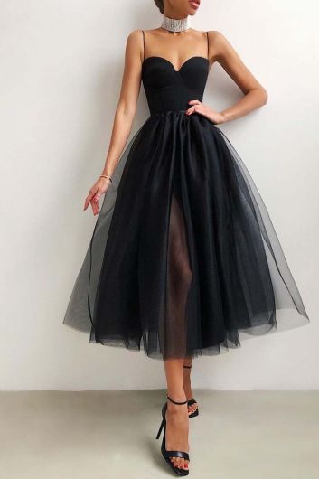 Spaghetti Strap Sweetheart Tulle Midi Dress