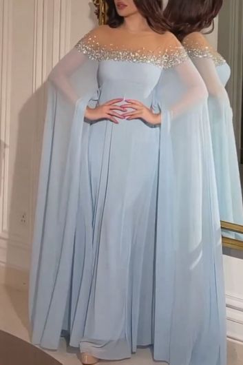  Blue Off-Shoulder Cape Sleeve Evening Gown