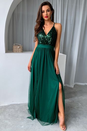 V-Neck Sequin Bodice Tulle Maxi Dress with Side Slit