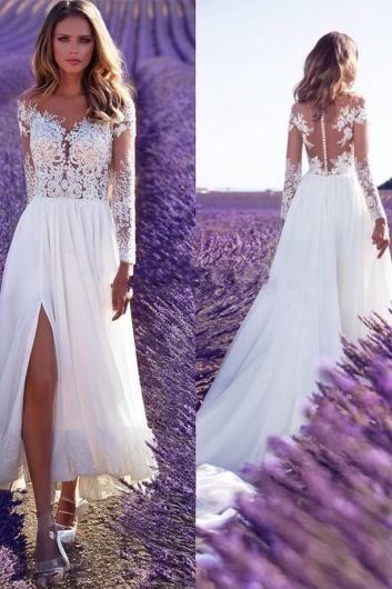 Long Sleeve Lace Top High-Slit A-Line White Gown