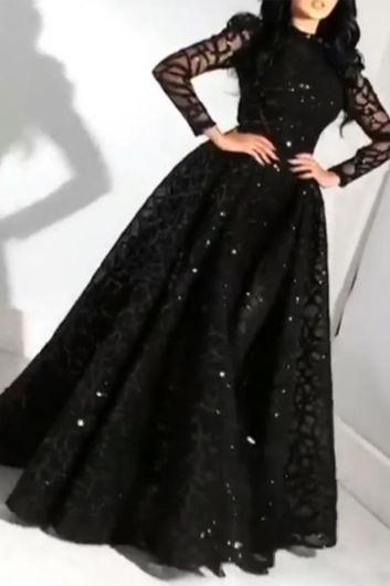 Black Long Sleeve Lace Embellished Ball Gown