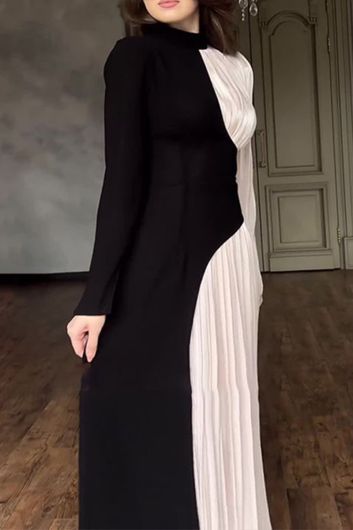 High Neck Long Sleeve Color Block Gown