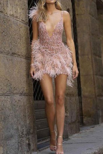 Pink Feather Embellished Deep V-Neck Mini Dress