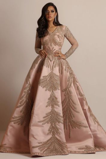 Blush Pink Embellished Gown with Golden Leaf Patterns