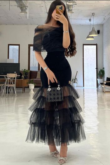 Tiered Black Tulle Mermaid Gown