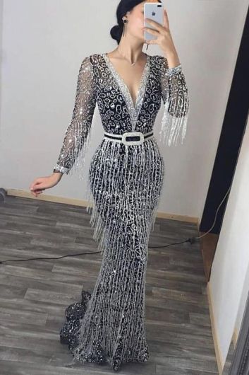 Sequined Fringe Long Sleeve V-Neck Evening Gown