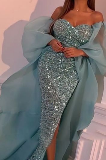 Aqua Sparkle Off-Shoulder Gown