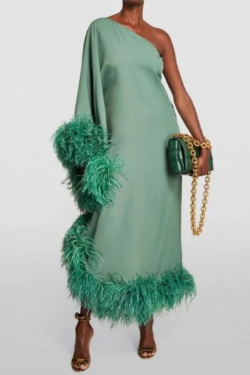 Emerald Oasis One-Shoulder Feather Trim Dress