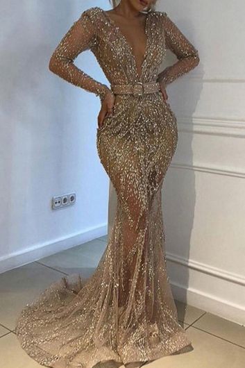 Golden Sequined Sheer Gown