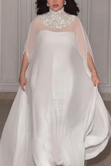 Pearl-Embellished White Cape Gown