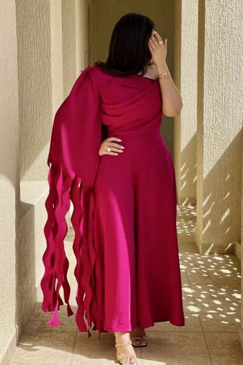 Fuchsia Cape Dress with Dramatic Fringe Detailing