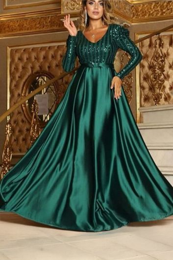 Emerald EleganceEmerald Green Satin Ball Gown with Puffed Sleeves and Beaded Bodice