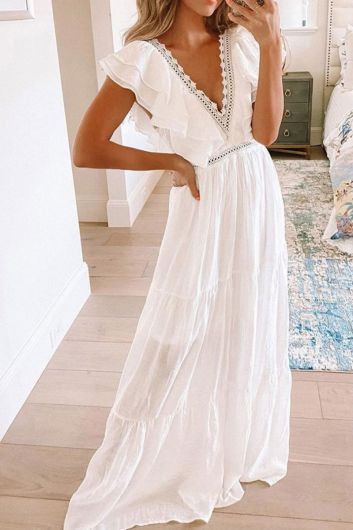 White Maxi Dress with Ruffle Sleeves and Beaded Trim