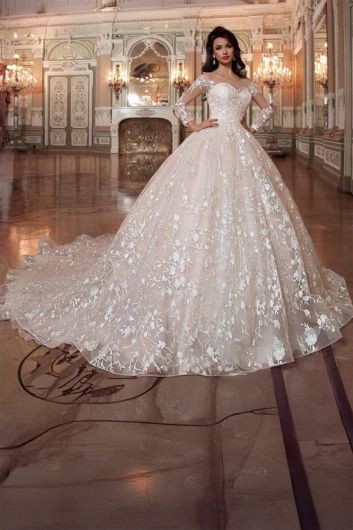 Sleeve Lace  Gown with Illusion Neckline and Long Train for Formal Events