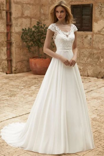 Lace  Neckline A-Line Gown with Long Train for Formal Events