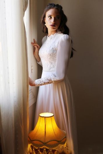 High-Neck Lace Long-Sleeve Gown with Flowy Skirt for Formal Events