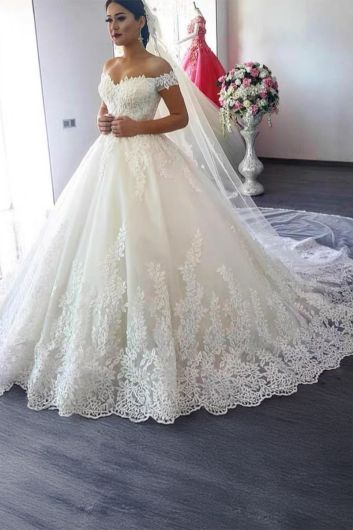 Lace Off-the-Shoulder Ball Gown with Long Train for Wedding