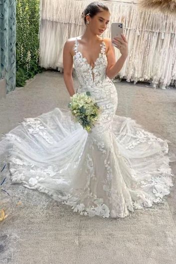 Lace V-Neck Gown with Train for Formal Events