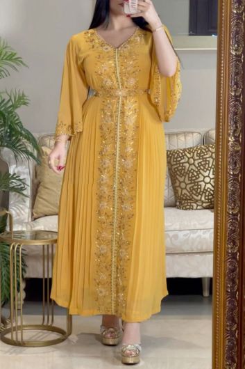 Mustard Yellow Embroidered Long Sleeve Maxi Kaftan