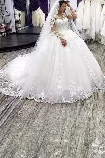 Lace Illusion Neckline Long  Ball Gown with Long Train for Formal Events