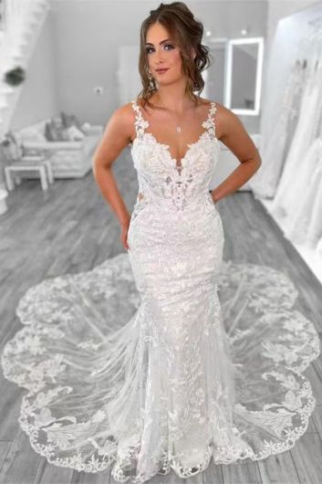 Lace V-Neck Mermaid  with Long Train for Formal Events