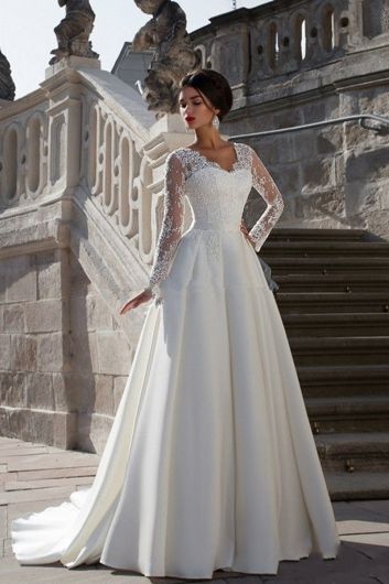 Long-Sleeve Lace Illusion Neckline Ball Gown with Long Train for Formal Events