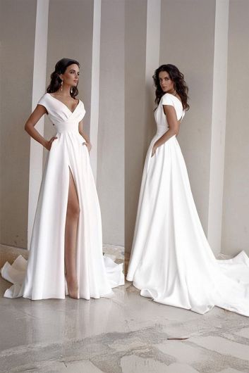 V-Neck High-Slit Satin Gown with Long Train for Formal Events