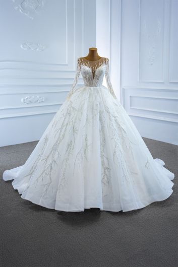 Long-Sleeve Illusion Neckline Ball Gown with Embellished Tulle Skirt for Formal Events