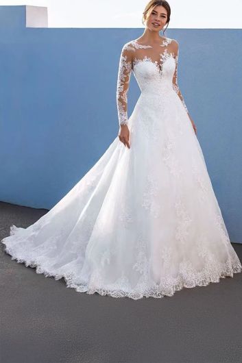 Lace Illusion Neckline Sleeve Ball Gown with Long Train for Formal Events