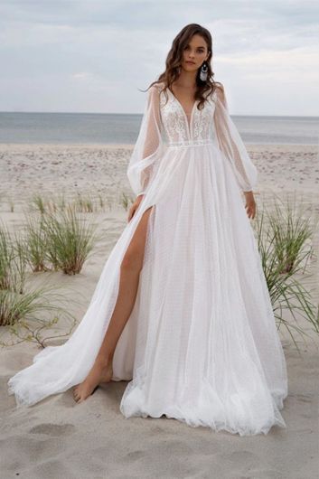 Lace V-Neck Long-Sleeve Gown with High Slit and Long Train for Beach Weddings