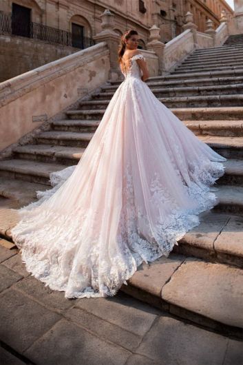 Off Shoulder  Ball Gown with Long Train for Formal Events