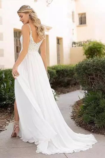 Lace V-Neck A-Line Gown with Side Slit for Formal Events