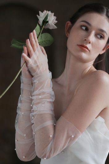 Sheer Pearl-Embellished Bridal Gloves for Wedding Gowns