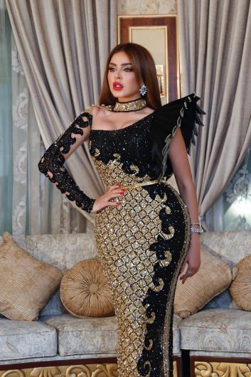 Black and Gold Beaded Mermaid Gown with Asymmetrical Neckline