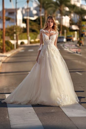 Lace  Neckline Gown with Long Train for Formal Events