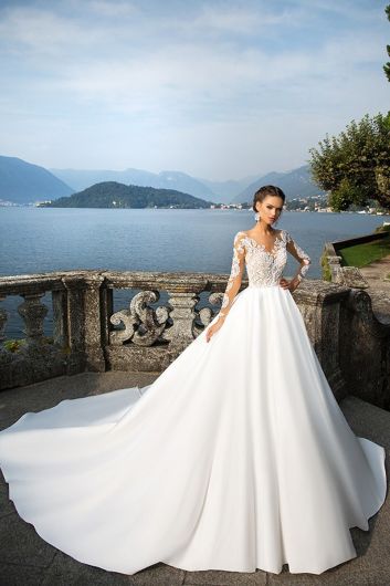 Long-Sleeve  Illusion Neckline Ball Gown with Long Train for Formal Events