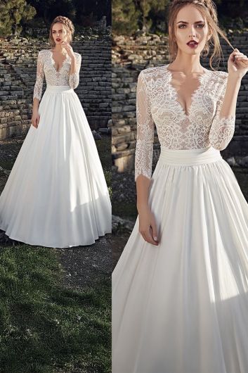 Deep V-Neck Lace Bodice Ball Gown with Long Train for Formal Events