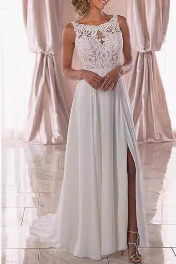 Lace Illusion Neckline A-Line Gown with High Slit and Long Train for Formal Events