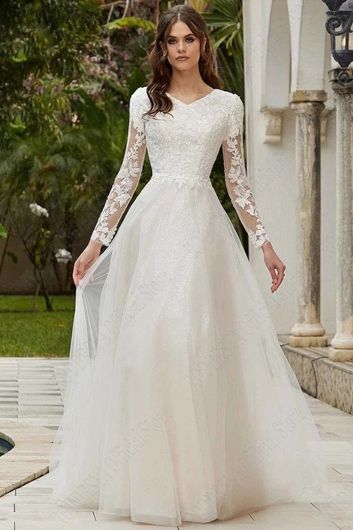 Long-Sleeve Lace Bodice A-Line Gown with Long Train for Formal Events