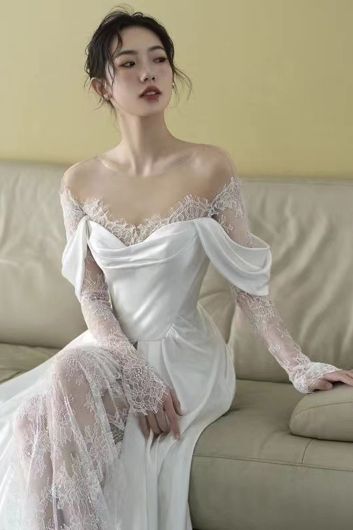 Off-the-Shoulder Lace Trim High-Low Gown with Long Train for Formal Events