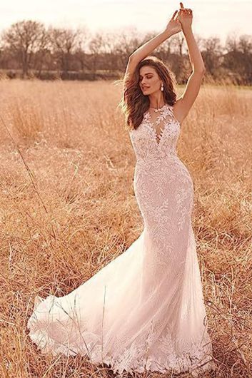 Lace Illusion Neck Mermaid Gown with Long Train for Formal Events