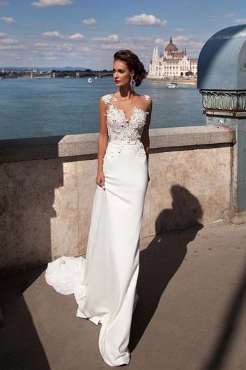 Lace Illusion Neckline Mermaid Gown Train for Formal Events