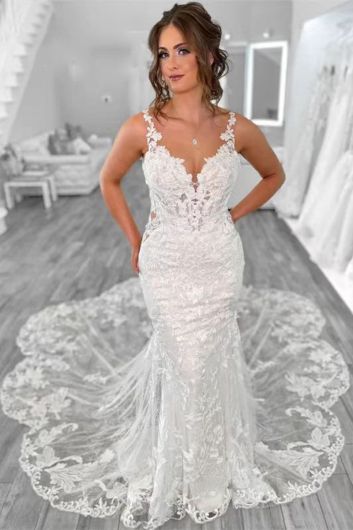 Lace V-Neck Mermaid Gown with Long Train for  Events