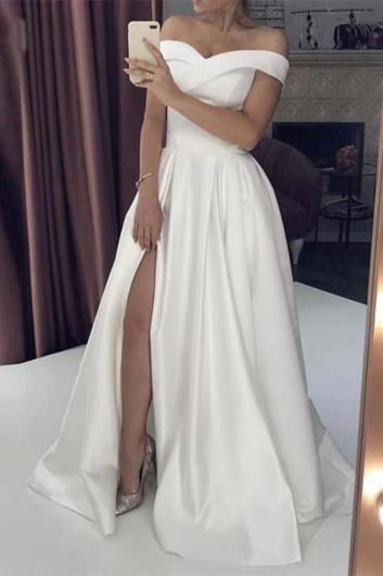 Off-the-Shoulder High-Slit Satin Gown with Long Train for Evening Events