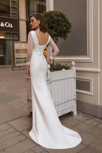 Bateau Neck Sheer Sleeve Mermaid Gown with Long Train for Formal Events