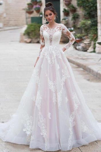 Lace Long Illusion Neckline Ball Gown with Long Train for Formal Events