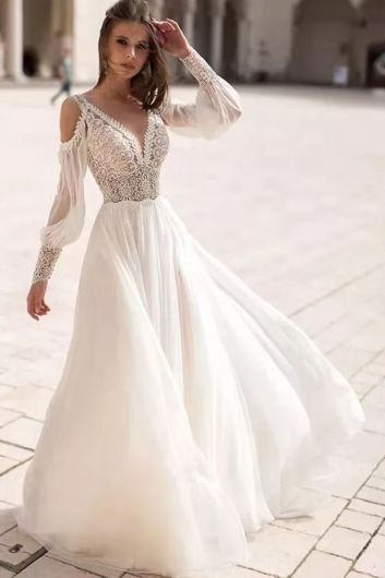 Lace Bodice Cold-Shoulder Long Sleeve Flowy Gown with Long Train for Formal Events